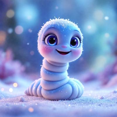 The primary subject of the image is a cute, smiling snowman with a blue face and a pink nose. The snowman is sitting in a snowy environment, surrounded by a white snowy surface. The visual style of the image is a digital art or illustration, with a vibrant and cheerful atmosphere.